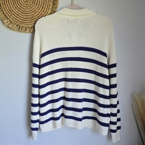 Ann Taylor Loft New Striped Lace Up Polo Sweater Navy White Nautical SZ Large - Picture 5 of 11